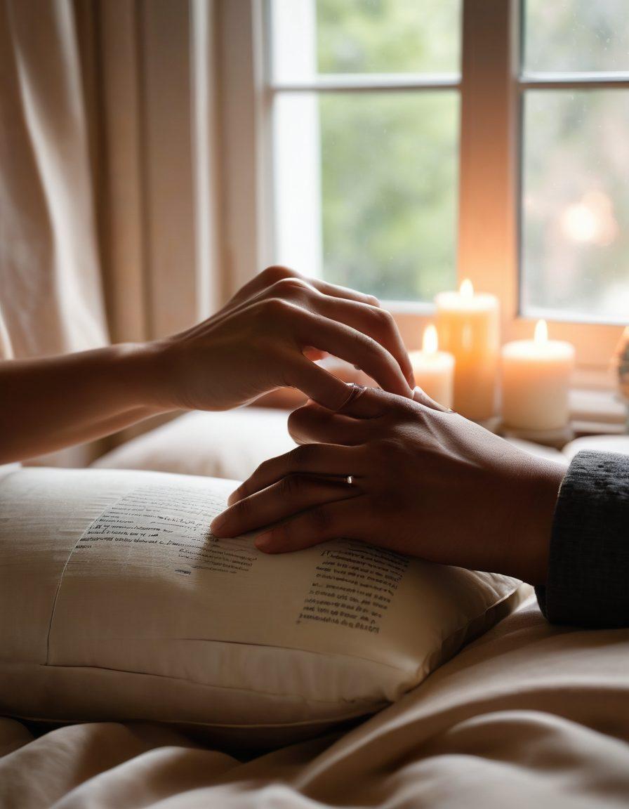 A cozy, softly-lit room showcasing an inviting couple's embrace, surrounded by symbols of love such as heart-shaped cushions, scented candles, and books about intimacy. The atmosphere should evoke warmth and connection, with gentle, flowing fabrics and a hint of nature through a window view. Artistic details like hands intertwined and soft smiles enhance the intimacy theme. super-realistic. warm tones. inviting atmosphere.