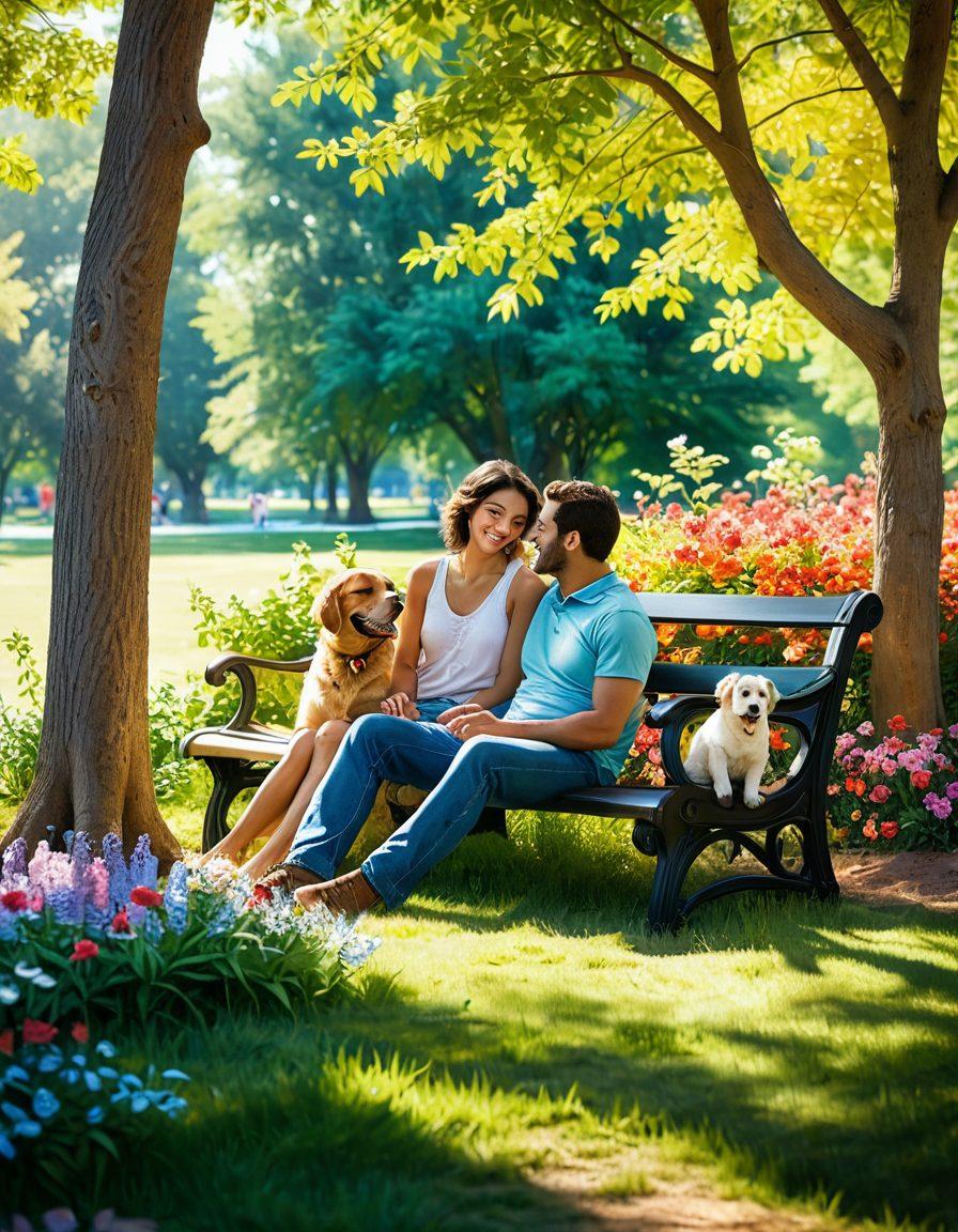 A cozy scene of a couple in a sunlit park, sharing a joyful moment while engaging in a deep conversation, with light-hearted laughter and genuine smiles. Surround them with blooming flowers and soft, warm sunlight filtering through the trees to symbolize growth and connection. Include a playful dog in the background to add a sense of fun and companionship. super-realistic. vibrant colors. nature-themed.
