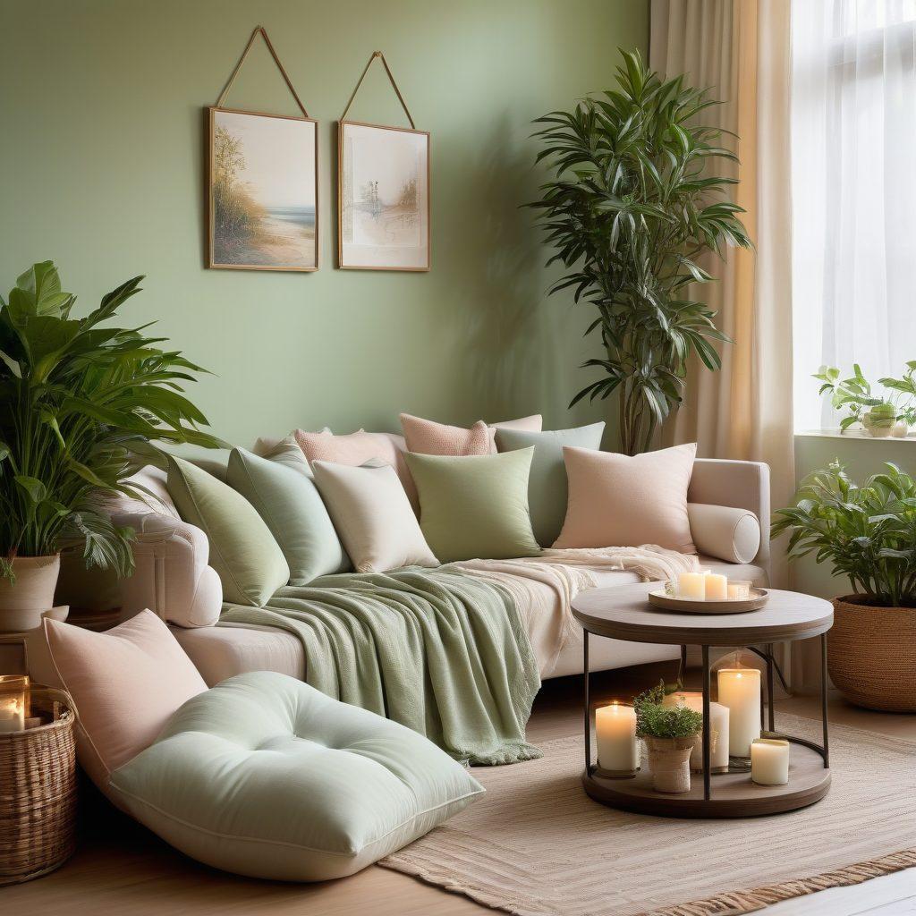 A serene and inviting scene depicting a peaceful room adorned with soft textures, lush plants, and calming candles, emphasizing elements of intimacy and wellness. Include a comfortable seating area with cushions, a soothing color palette of soft pastels, and delicate, flowing fabrics that evoke a sense of comfort and nurturing. Showcase subtle symbols of connection and satisfaction, such as intertwined hands or gentle embraces in the background. painting. warm hues. tranquil atmosphere.
